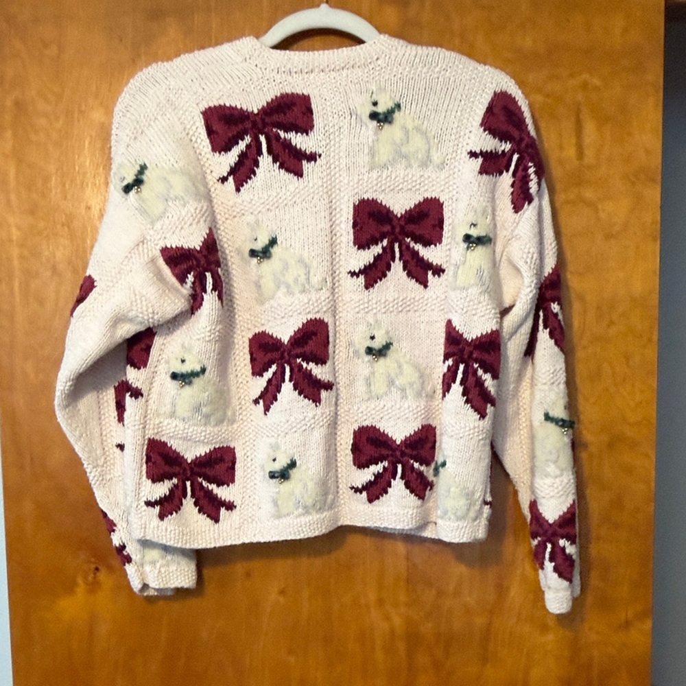 Carole Little Cream Cardigan with Burgundy Bow Accents - Picture 4 of 4